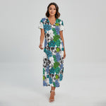 Green Blue Flowers Skull Pattern Print Short Sleeve Maxi Dress