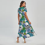 Green Blue Flowers Skull Pattern Print Short Sleeve Maxi Dress