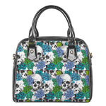 Green Blue Flowers Skull Pattern Print Shoulder Handbag