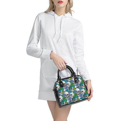 Green Blue Flowers Skull Pattern Print Shoulder Handbag