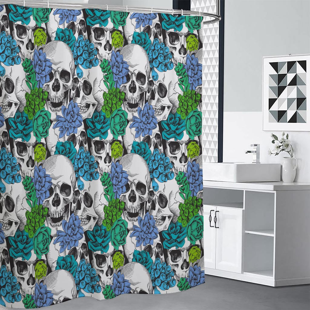 Green Blue Flowers Skull Pattern Print Shower Curtain