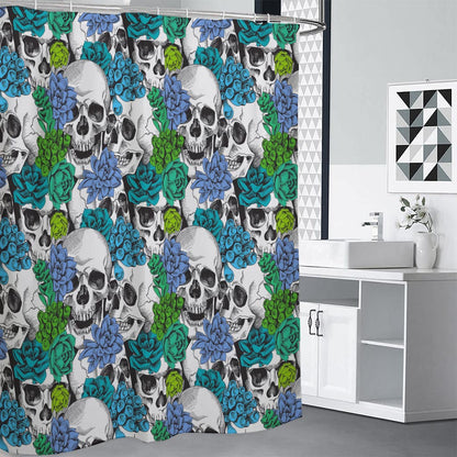 Green Blue Flowers Skull Pattern Print Shower Curtain
