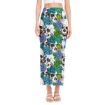 Green Blue Flowers Skull Pattern Print Side Slit Maxi Skirt