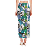 Green Blue Flowers Skull Pattern Print Side Slit Maxi Skirt