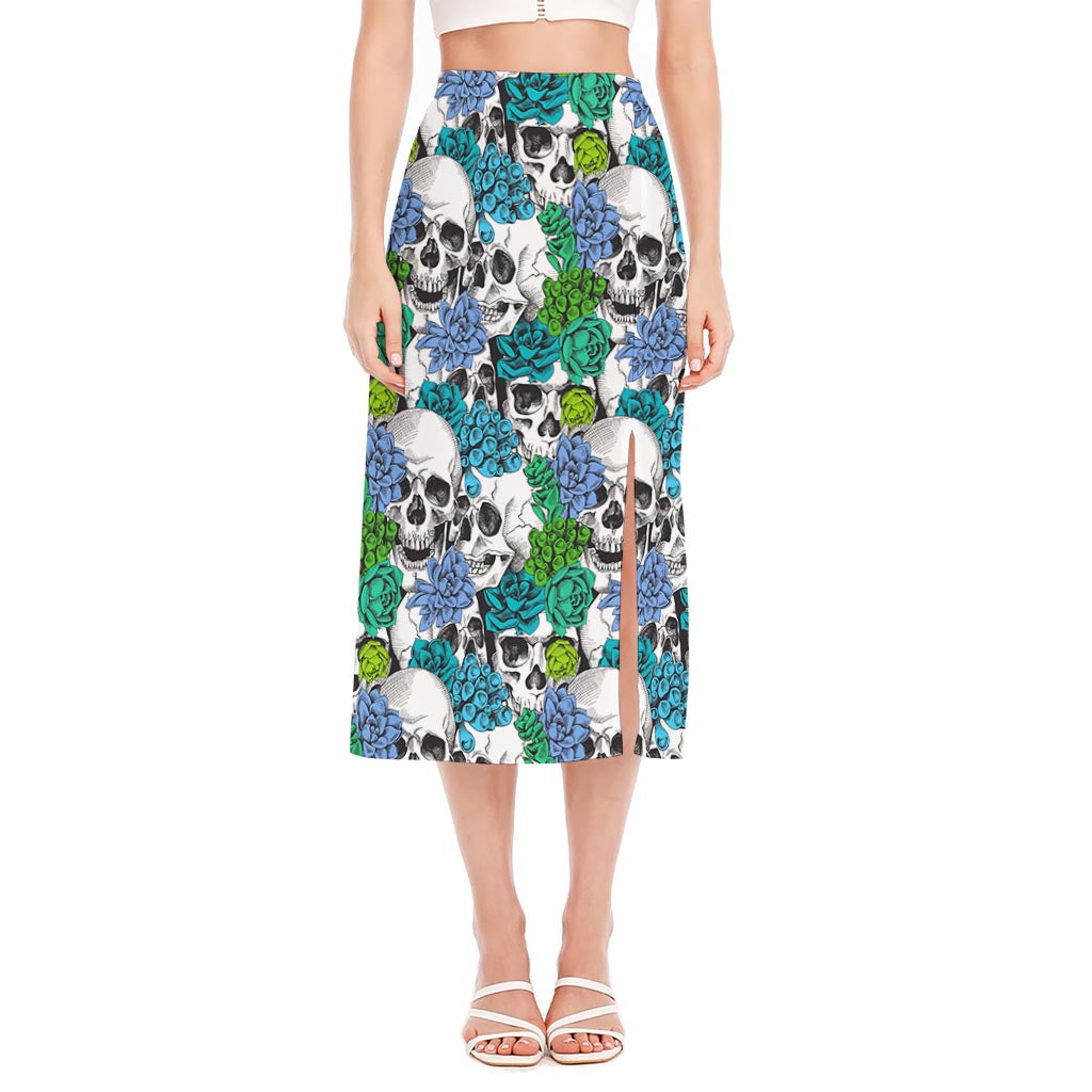 Green Blue Flowers Skull Pattern Print Side Slit Midi Skirt
