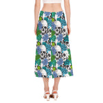 Green Blue Flowers Skull Pattern Print Side Slit Midi Skirt