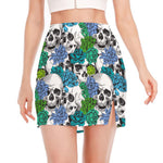 Green Blue Flowers Skull Pattern Print Side Slit Mini Skirt