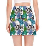 Green Blue Flowers Skull Pattern Print Side Slit Mini Skirt