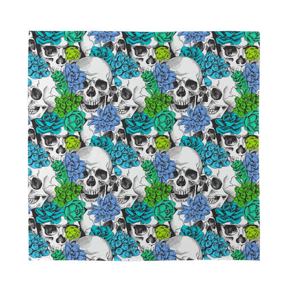 Green Blue Flowers Skull Pattern Print Silk Bandana