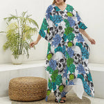 Green Blue Flowers Skull Pattern Print Silk V-Neck Kaftan Dress