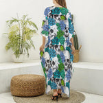 Green Blue Flowers Skull Pattern Print Silk V-Neck Kaftan Dress