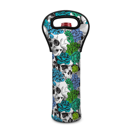 Green Blue Flowers Skull Pattern Print Single Neoprene Wine Tote