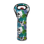 Green Blue Flowers Skull Pattern Print Single Neoprene Wine Tote