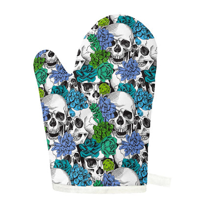 Green Blue Flowers Skull Pattern Print Single Oven Mitt
