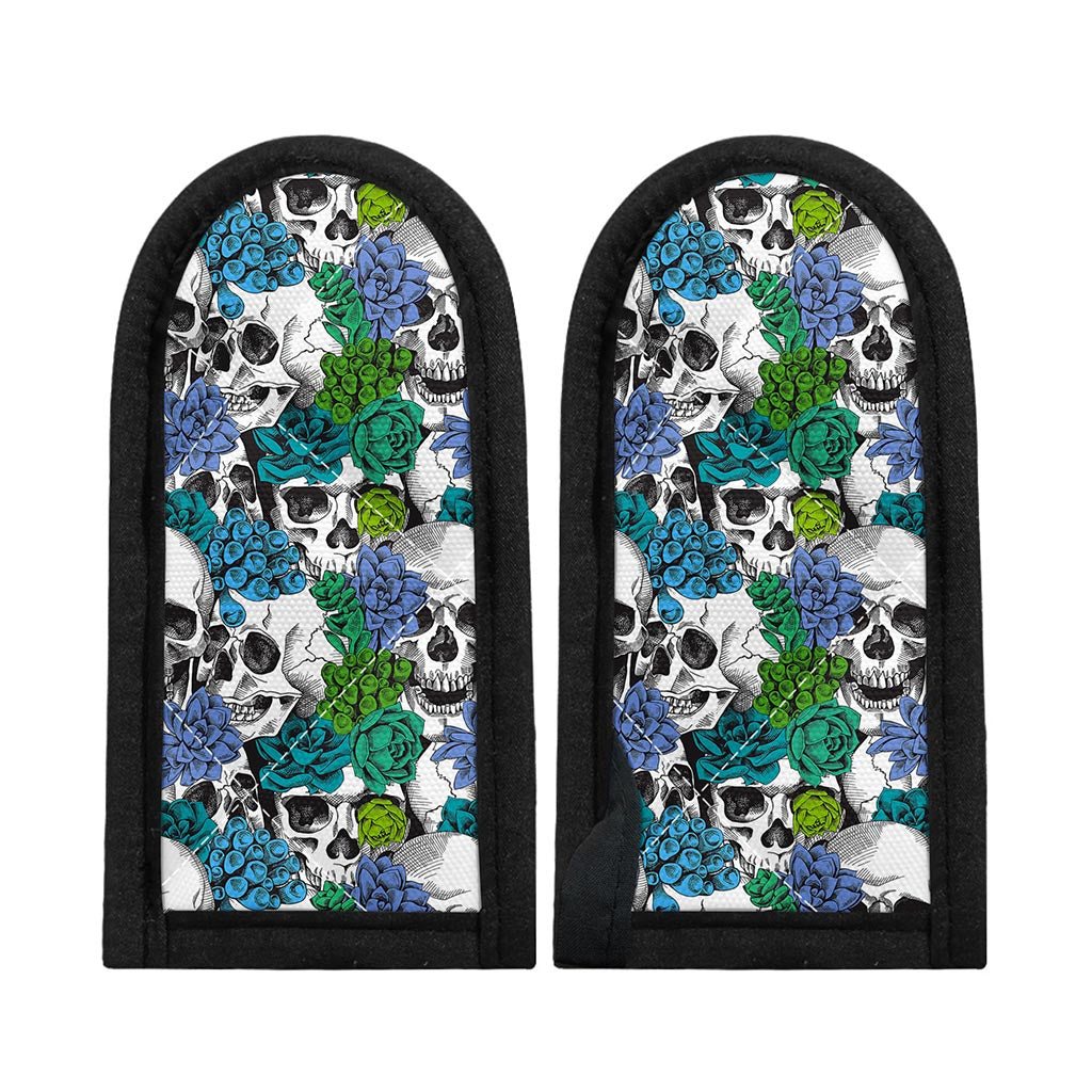 Green Blue Flowers Skull Pattern Print Skillet Handle Cover