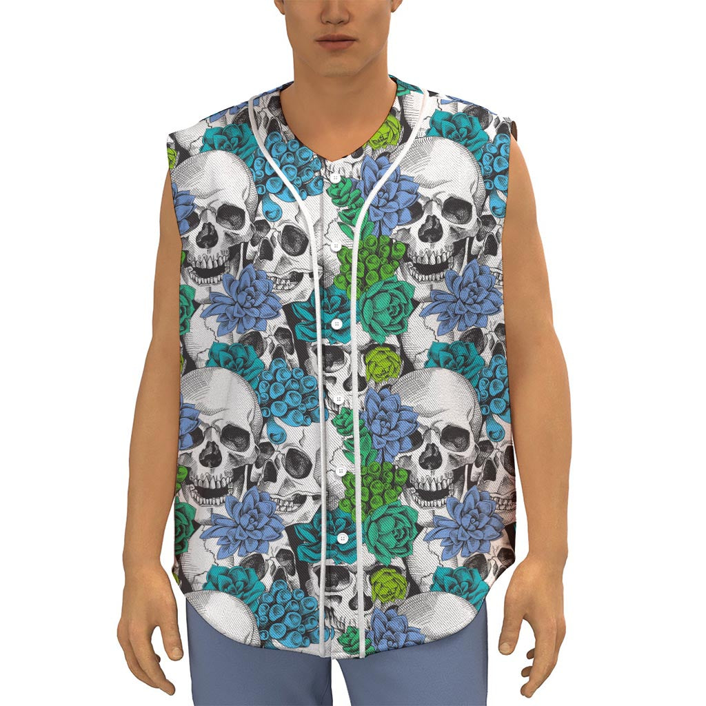 Green Blue Flowers Skull Pattern Print Sleeveless Baseball Jersey