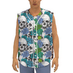 Green Blue Flowers Skull Pattern Print Sleeveless Baseball Jersey