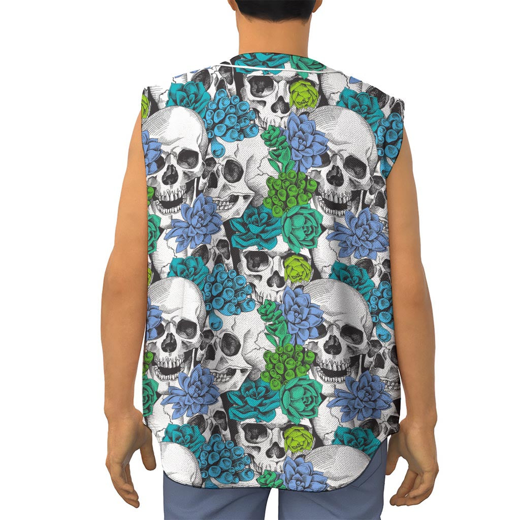 Green Blue Flowers Skull Pattern Print Sleeveless Baseball Jersey