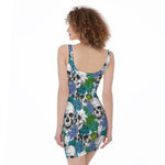 Green Blue Flowers Skull Pattern Print Sleeveless Bodycon Dress
