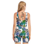 Green Blue Flowers Skull Pattern Print Sleeveless One Piece Swimsuit