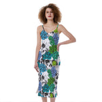 Green Blue Flowers Skull Pattern Print Slim Fit Midi Cami Dress