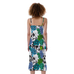 Green Blue Flowers Skull Pattern Print Slim Fit Midi Cami Dress