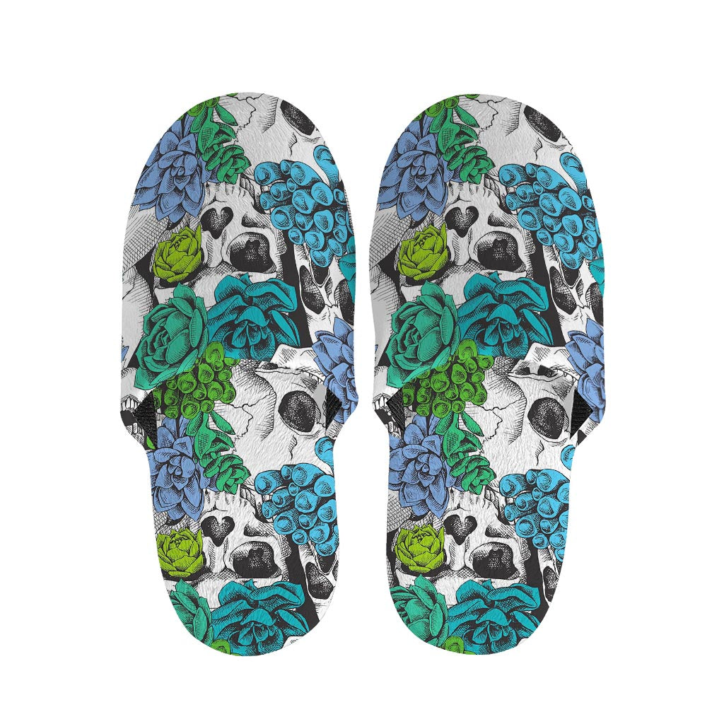 Green Blue Flowers Skull Pattern Print Slippers