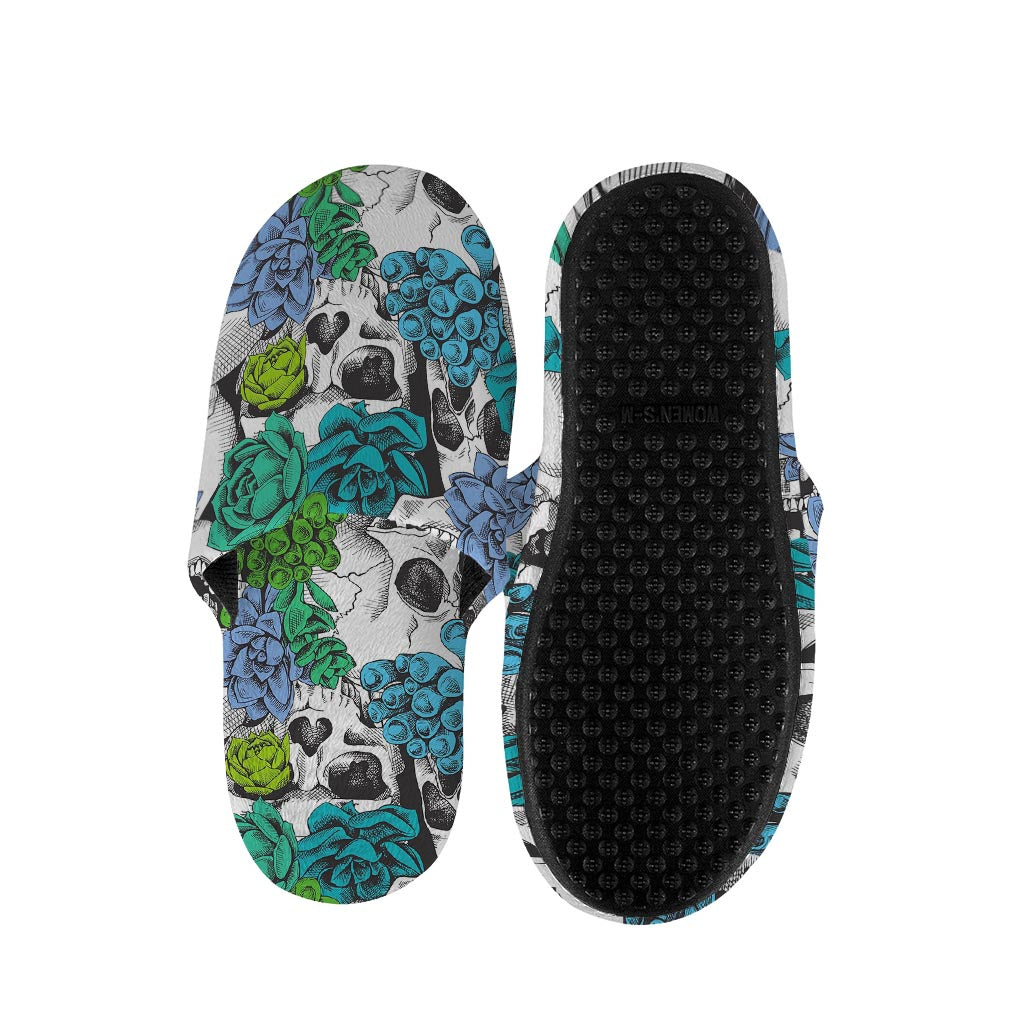 Green Blue Flowers Skull Pattern Print Slippers