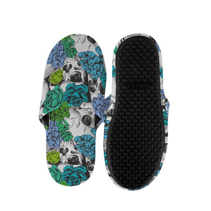 Green Blue Flowers Skull Pattern Print Slippers