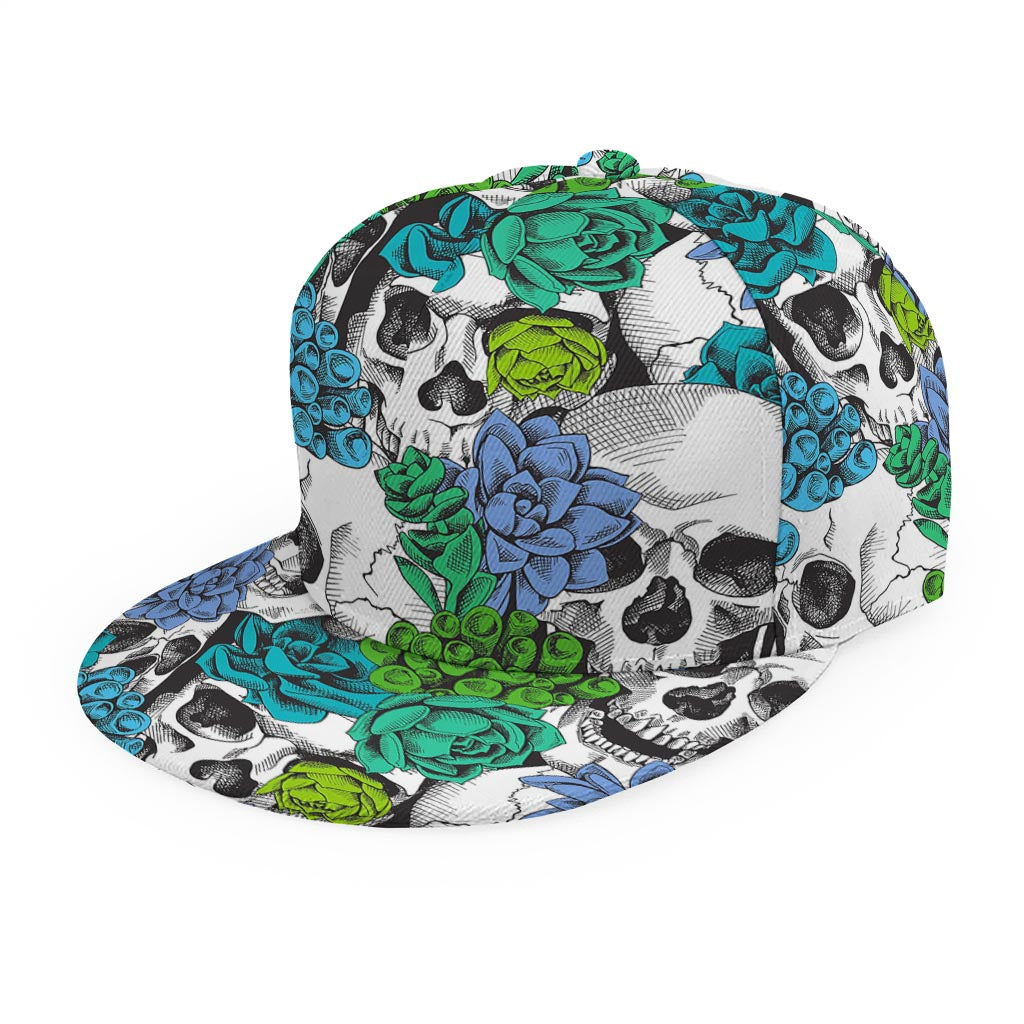 Green Blue Flowers Skull Pattern Print Snapback Cap