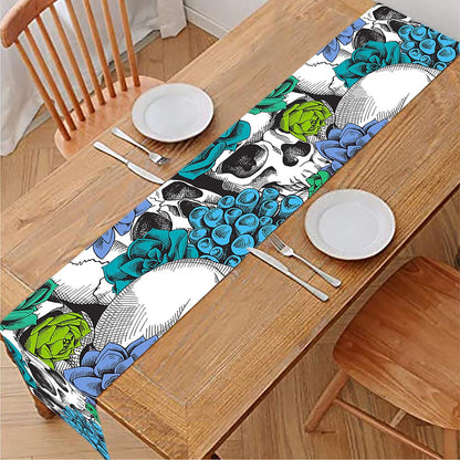 Green Blue Flowers Skull Pattern Print Table Runner
