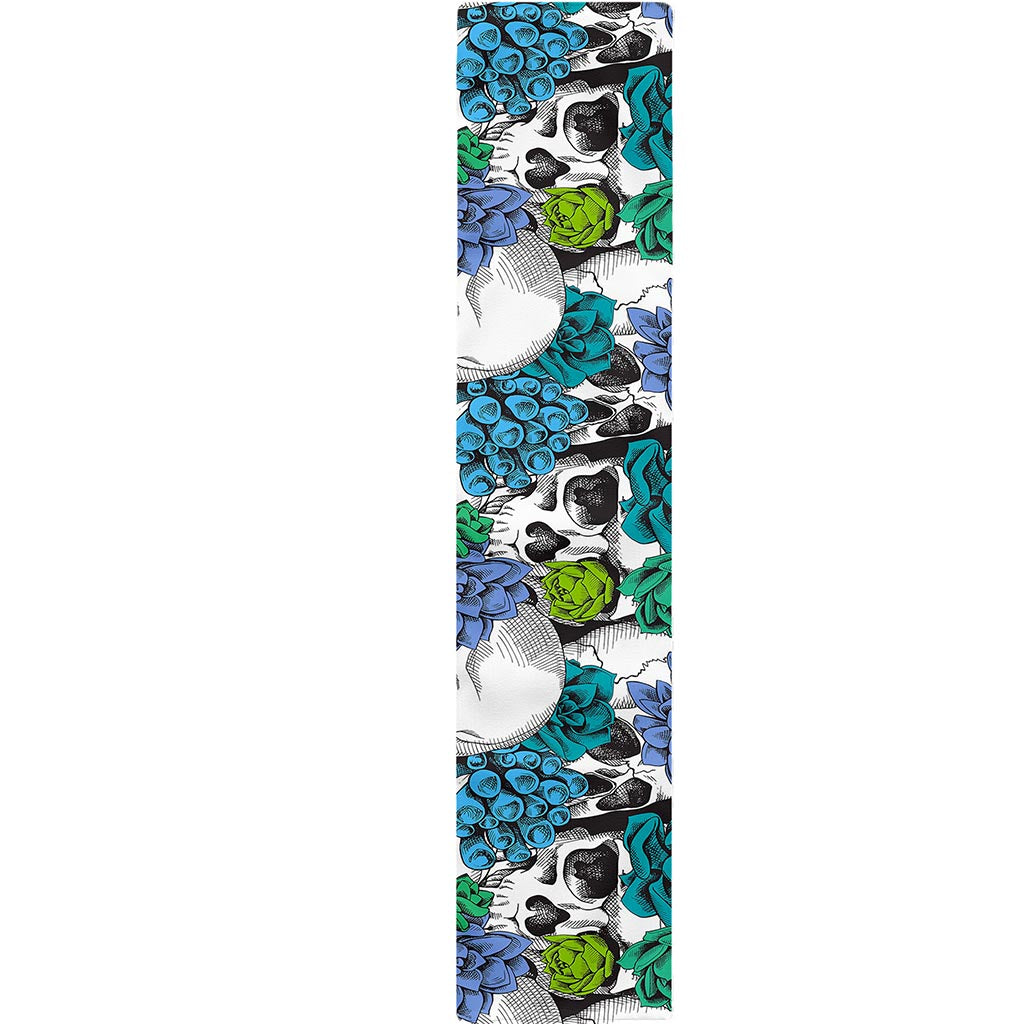 Green Blue Flowers Skull Pattern Print Table Runner