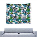 Green Blue Flowers Skull Pattern Print Tapestry