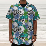 Green Blue Flowers Skull Pattern Print Textured Short Sleeve Shirt