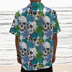 Green Blue Flowers Skull Pattern Print Textured Short Sleeve Shirt