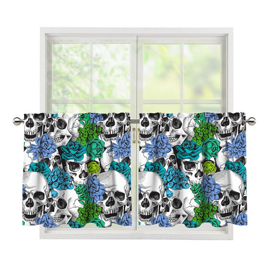 Green Blue Flowers Skull Pattern Print Tier Curtains