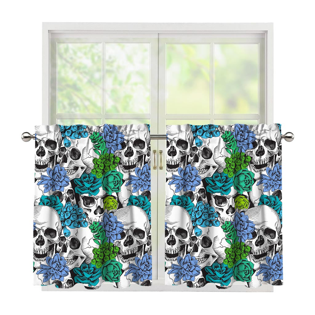 Green Blue Flowers Skull Pattern Print Tier Curtains