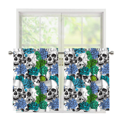 Green Blue Flowers Skull Pattern Print Tier Curtains