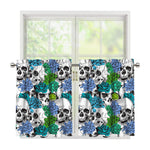 Green Blue Flowers Skull Pattern Print Tier Curtains
