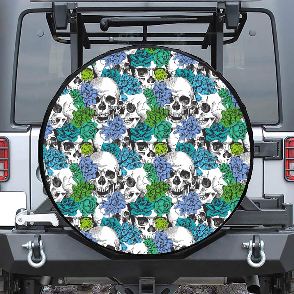Green Blue Flowers Skull Pattern Print Tire Cover