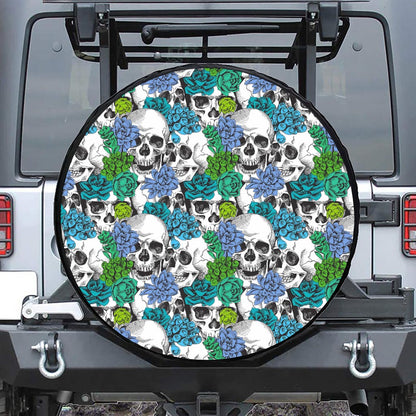 Green Blue Flowers Skull Pattern Print Tire Cover