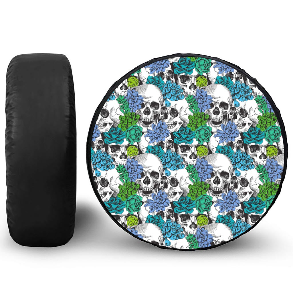 Green Blue Flowers Skull Pattern Print Tire Cover