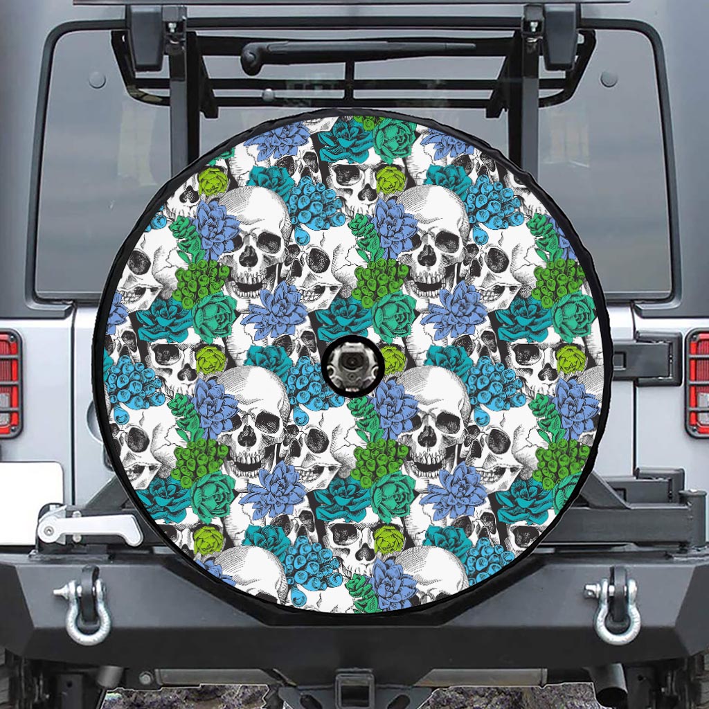 Green Blue Flowers Skull Pattern Print Tire Cover With Camera Hole