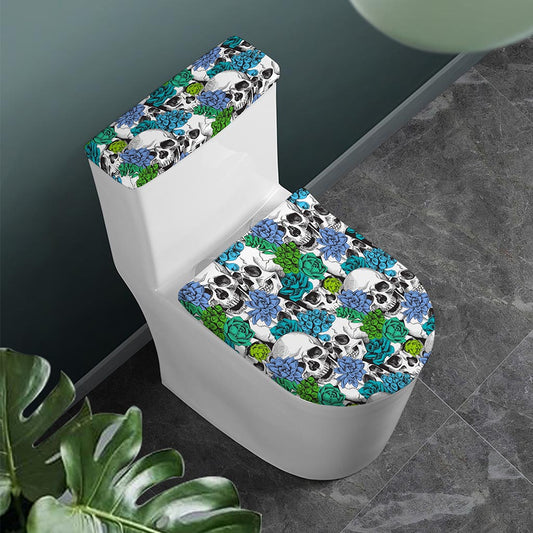 Green Blue Flowers Skull Pattern Print Toilet Lid And Tank Cover Set