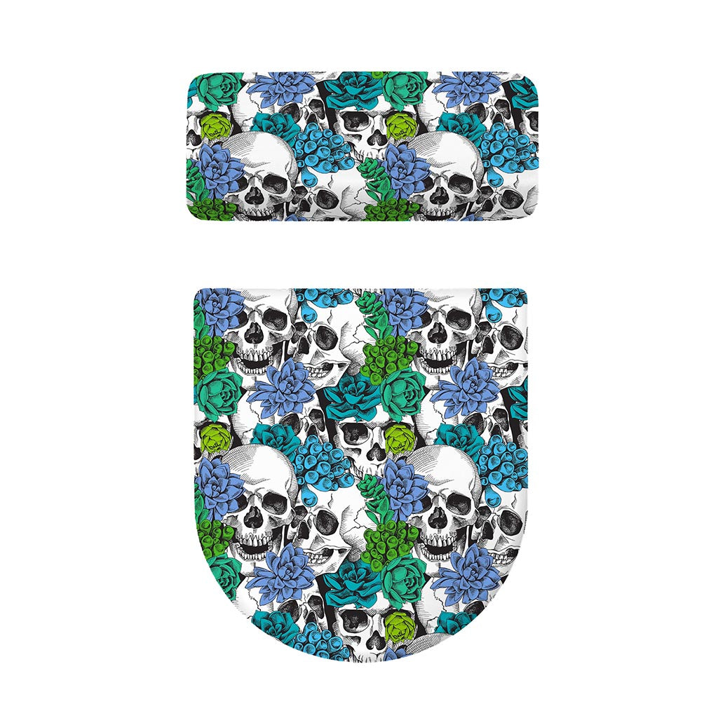 Green Blue Flowers Skull Pattern Print Toilet Lid And Tank Cover Set