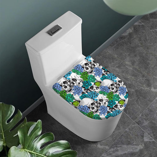Green Blue Flowers Skull Pattern Print Toilet Lid Cover