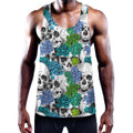 Green Blue Flowers Skull Pattern Print Men's Workout Tank Top
