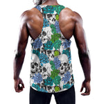 Green Blue Flowers Skull Pattern Print Training Tank Top