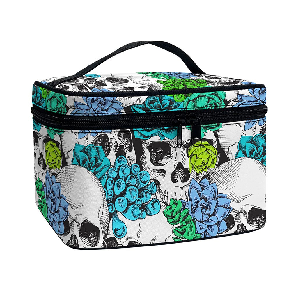 Green Blue Flowers Skull Pattern Print Travel Makeup Bag