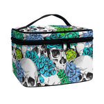 Green Blue Flowers Skull Pattern Print Travel Makeup Bag